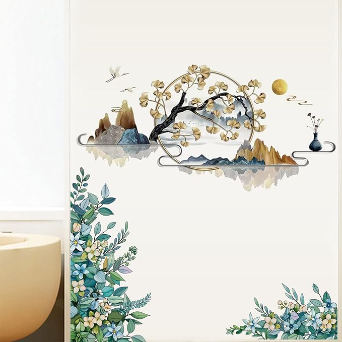 Flowers Wall Decals Vinyl Ancient Style Flowers Wall Stickers Ginkgo Landscape Painting Stickers Spring Flower Tree Branch Window Clings for Kids Room Nursery Living Room Kitchen Decor Gifts (#2)