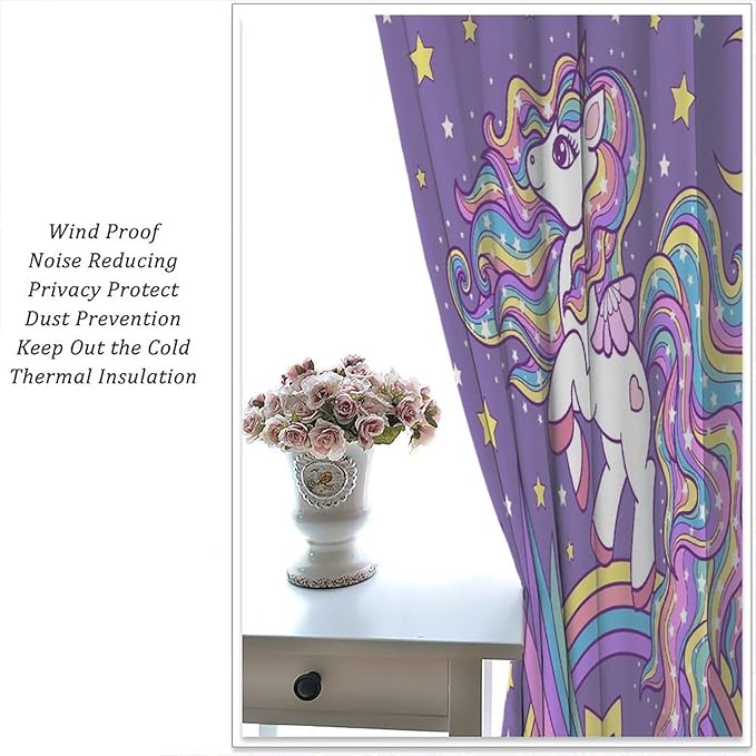 Unicorn Curtains Fantasy Star Moon Cartoon Theme Curtains Cute White Unicorn Rainbow Design Printed Curtains Boys Girls Room Curtains 42x45 Inch 2 Panels