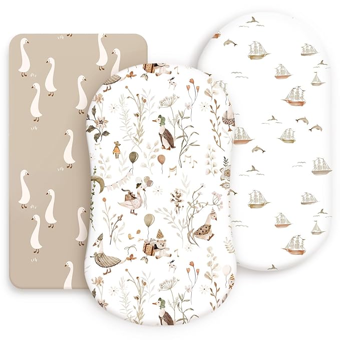 GRSSDER Stretchy Ultra Soft Fitted Bassinet Sheets 3 Pack, Universal Fitted for Oval Rectangle Bassinet Mattresses Safe and Snug, Stylish Bassinet Sheet Gender-Neutral Print for Baby