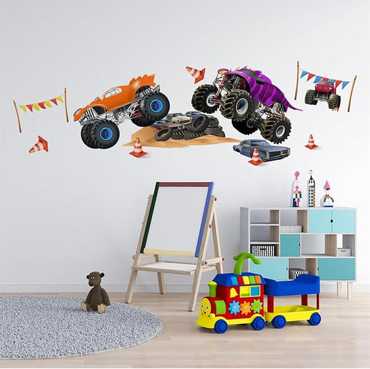 Racing Car Wall Stickers Monster Truck Vehicles Peel and Stick Wall Art Decals for Boys Room Kids Bedroom Playroom (Style1)