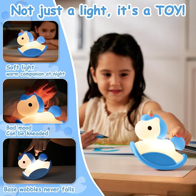 Unicorn Night Lights for Kids Bedroom, LED Squishy Unicorn Lamp with Wobbling Amusement, Silicone Dimmable Nursery Nightlight, Rechargeable Bedside Touch Lamp with 30min Timer, Blue