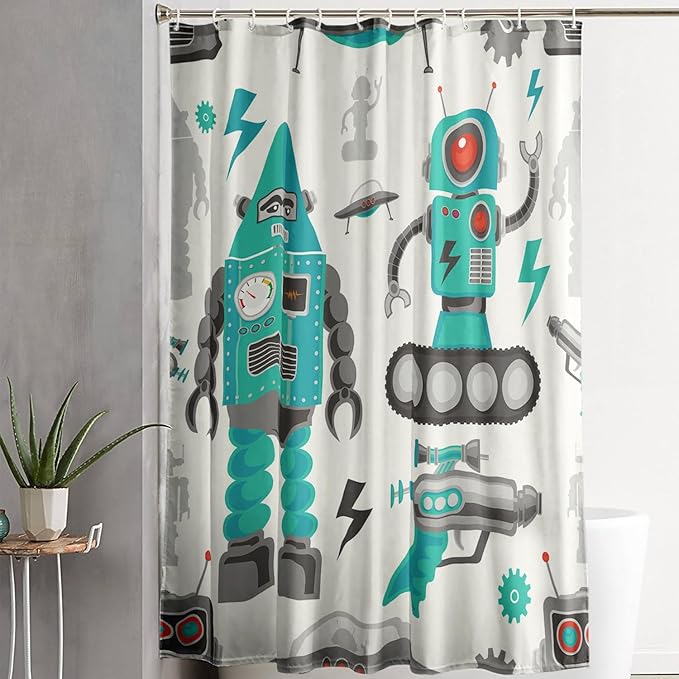 AILONEN Robot Shower Curtain,Cartoon Green Tank Robot Bathroom Decors, 60" W*72" H Logistic Robots Waterproof Shower Curtain for Boys Girls Teens Kids