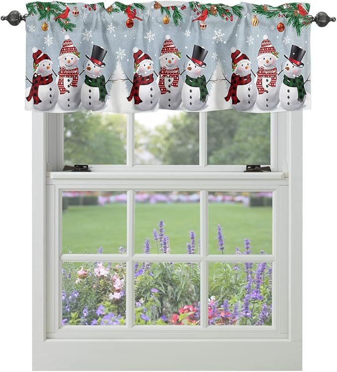 Christmas Kitchen Curtains Valances for Windows Snowman Cardinal Rod Pocket Window Treatment for Kitchen/Living Room/Bedroom/Bathroom,42" X 12" -1 Panel, Bluish Grey Winter Holiday