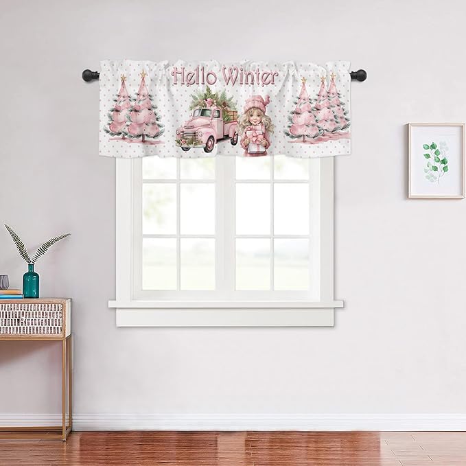 Hello Winter Pink Window Valance for Bedroom Living Room, Pink Christmas Window Curtain for Kitchen Bathroom, Pink Window Valance Rod Pocket Window Treatment, Xmas Home Decors, 54" W x 18" L