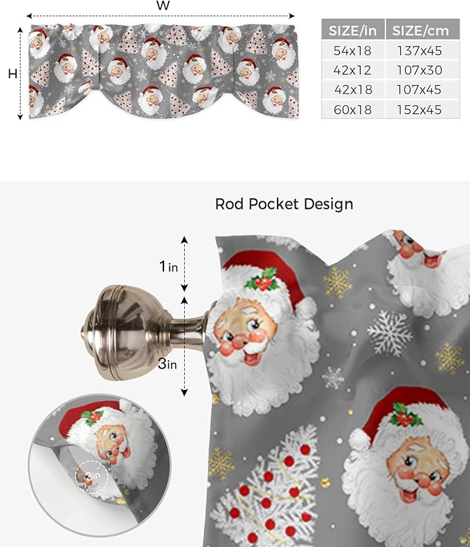 Grey Christmas Blackout Tie Up Valance Curtains for Kitchen Windows Santa Claus Merry Christmas Tree Window Toppers Balloon Shades for Living Room/Bathroom/Bedroom,1 Panel, 42" X 18", Winter Snowflake