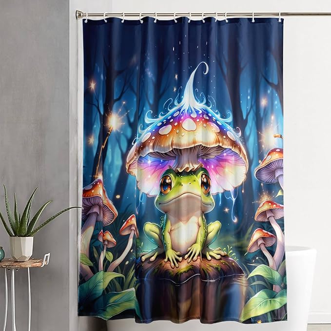 AILONEN Cartoon Frog Shower Curtain,Magic Mushroom Waterproof Fabric Bath Curtain for Kids Girls,Boho Style Tropical Amphibian Shower Curtain Set for Bathroom, 72" W*96" H