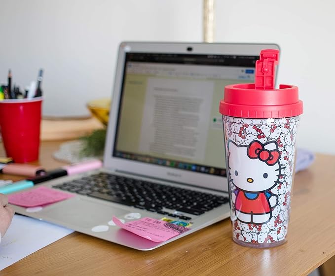 Silver Buffalo Sanrio Hello Kitty Pattern Double Wall Travel Tumbler w/Slide Close Lid, 20 Ounces, 16oz Allover Faces, 1 Count (Pack of 1)