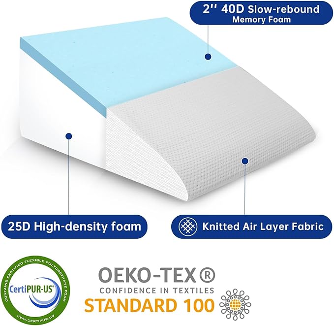 QUINEEHOM Bed Wedge Pillow for Sleeping, 12 Inch Triangle Bed Wedge for Adults, Memory Foam Wedge with Washable Cover, Hypoallergenic 30 Degree Pillow for Acid Reflux, Knee, Snoring, White&Light Grey