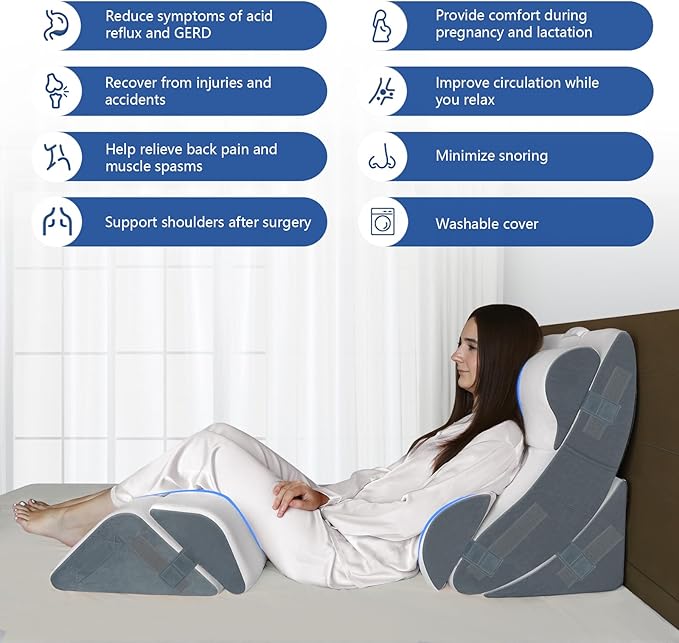 6PCS Orthopedic Bed Wedge Pillow for Sleeping, Gel Memory Foam Post Surgery Pillow Set for Back, Neck, Leg Support, Acid Reflux, Gerd, Anti Snoring, with Washable Cover & Travel Bag (White, 20'' Wide)