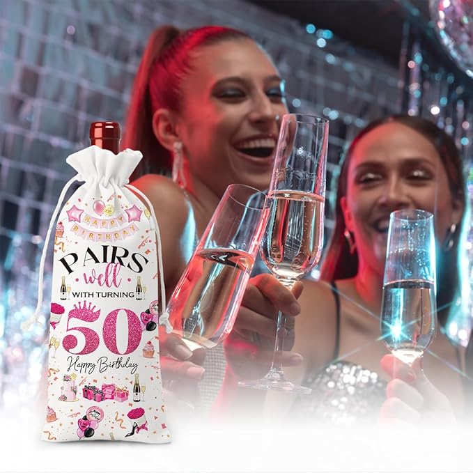 50th Birthday Gifts for Her Him Wine Bag, 50 Year Old Birthday Gifts for Women, 50 Year Old Birthday Party Decorations for Women, Pairs Well with Turning 50 Wine Bag (White Pink)