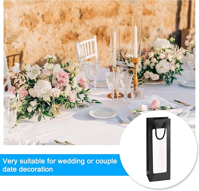 uxcell Wine Bags, 12pcs 4.92"x3.35"x14.2" Wine Gift Bags with Rope Handles, Paper Wine Tote Bag with Clear Window for Wedding Birthday Christmas Party Supplies, Black