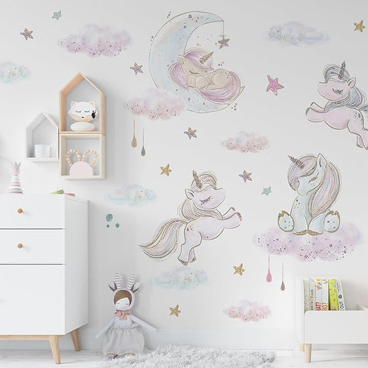 Unicorn Wall Decals for Kids by Lipastick - 135 pcs Unicorn Wall Stickers Peel and Stick - Wall Decals for Girls Kids Baby Nursery Bedroom - Kids Colorful Decals Glittered Moon Stars Clouds L Size