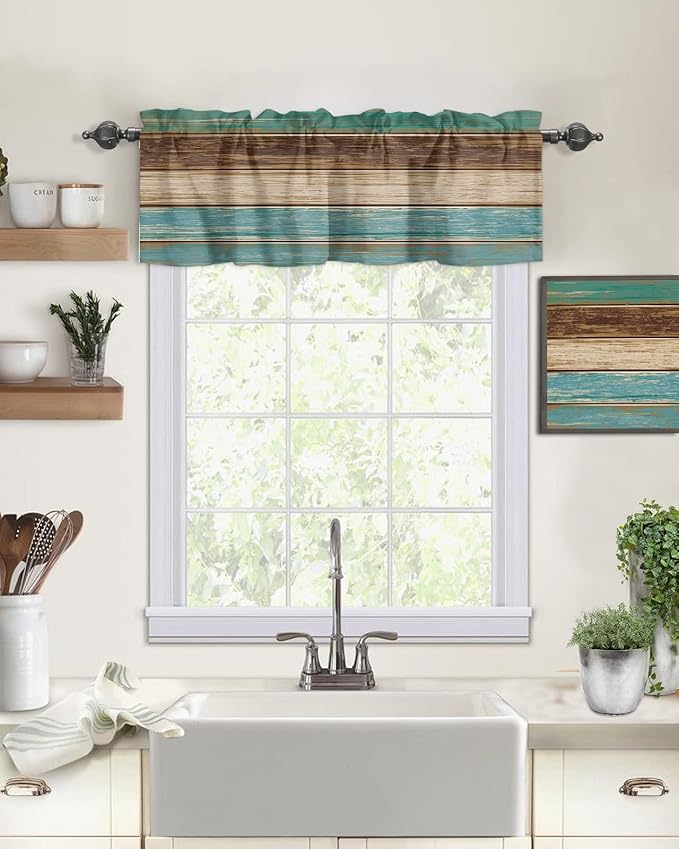Farmhouse Kitchen Curtains Valances for Windows Teal Turquoise Green Brown Country Rod Pocket Window Treatment for Kitchen /Living Room/Bedroom/ Bathroom,60" X 18" -1 Panel, Retro Rustic Barn Wood