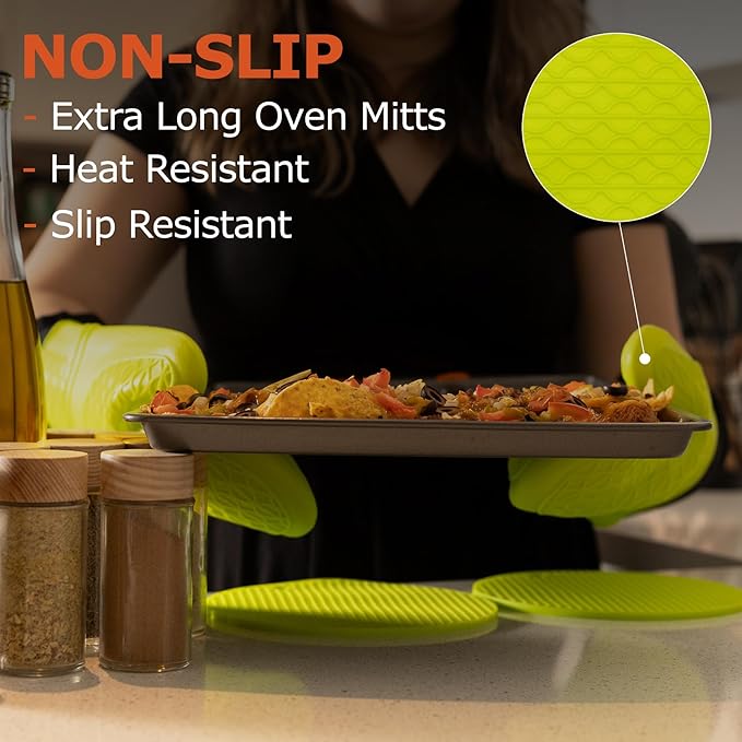 Extra Long Oven Mitts and Pot Holder Set for Ultimate Kitchen- hot Pads and Oven Mitts- Heavy Duty- Silicone Heat Resistant Oven Mitts and Pot Holder Set (Green)