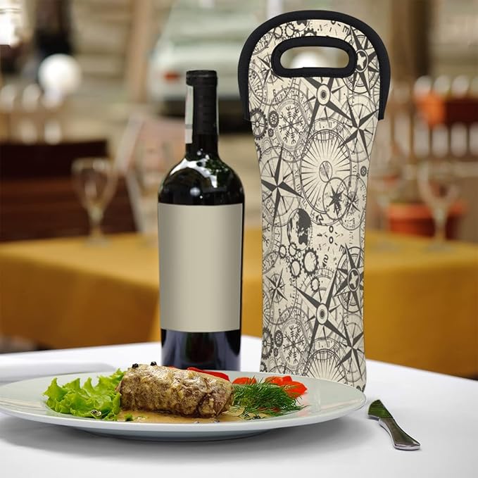 Compass Old Signs Single Bottle Wine Gift Tote Carrier Neoprene Wine Tote Bags Holder Cooler Wine Lover Gift