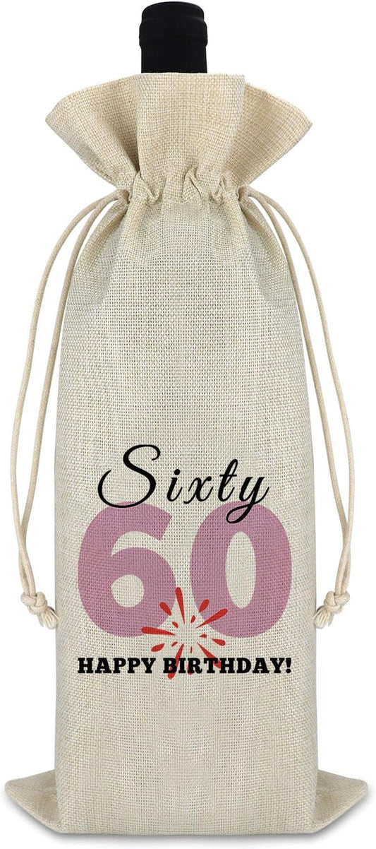 60th Birthday Gift Wine Bag Happy 60th Birthday Gift for Men Women 60 Year Old Birthday Party Decors Turning 60 Gift for Grandma Grandpa Happy Sixty Birthday Burlap Wine Gift Bag Retirement Gift