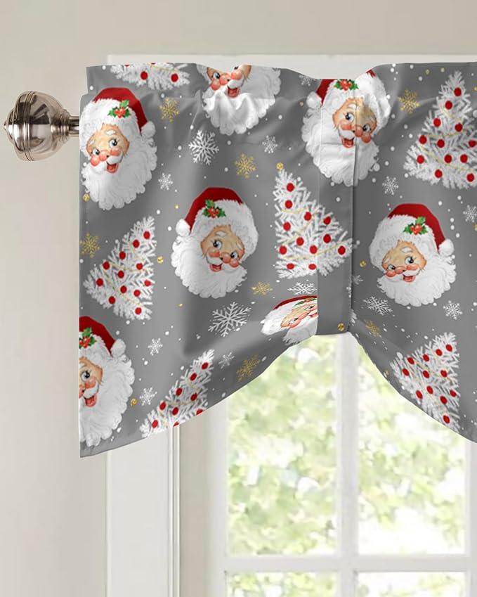 Grey Christmas Blackout Tie Up Valance Curtains for Kitchen Windows Santa Claus Merry Christmas Tree Window Toppers Balloon Shades for Living Room/Bathroom/Bedroom,1 Panel, 60" X 18", Winter Snowflake