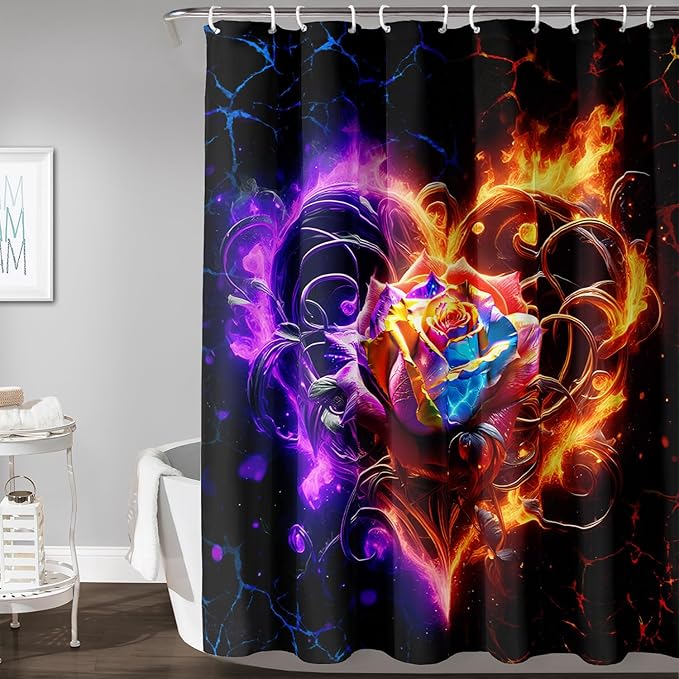 AILONEN Rose Shower Curtain for Bathroom,Purple Red Flame Fire Rose Hearts Print Bath Curtain,Modern Print Decoration Waterproof Shower Curtain with 12 Plastic Hooks, 48" W*72" H
