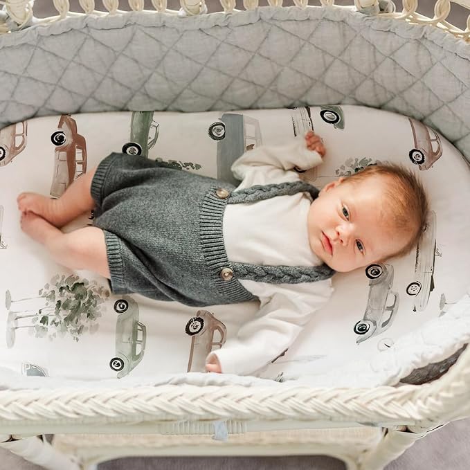 GRSSDER Stretchy Ultra Soft Fitted Bassinet Sheets 3 Pack, Universal Fit for Bassinets Baby Cradle Moses Basket Oval Rectangle Mattress Safe and Snug, Stylish Bassinet Sheet of Cars Print for Boys
