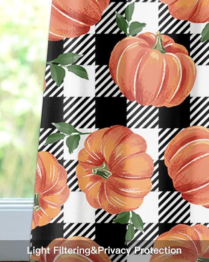 Fall Kitchen Curtains Valances for Windows Thanksgiving Halloween Pumpkins Rod Pocket Window Treatment for Kitchen /Living Room/Bedroom/ Bathroom,42" X 12", Farmhouse Black White Buffalo Plaid