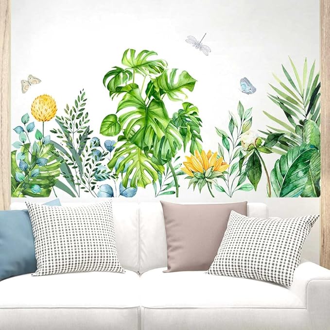 Boho Tropical Plants Wall Decals Peel and Stick Removable Art Wall Murals Natural Jungle Palm Leaf Green Wall Stickers Posters for Bedroom Bathroom Living Room TV Kitchen