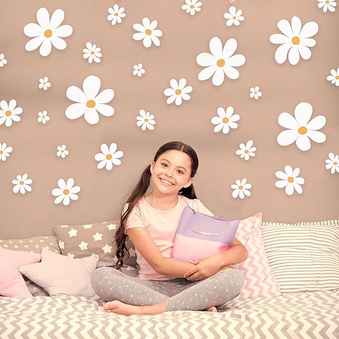 Classic Style Daisy Wall Decal - 12 Sheets of Big White Vinyl Flower Wall Stickers - Daisy Decor Ideal for Kids Girls Nursery, Playroom, Bedroom, and Living Room - Peel and Stick Floral Stickers