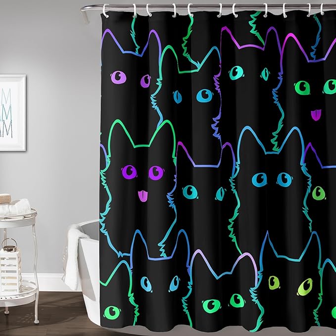 AILONEN Cute Cat Shower Curtain for Bathroom,Gradient Line Kawaii Kitten Bath Curtain for Kids Boys Girls,Color Cartoon Animal Polyester Waterproof with 12 Plastic Hooks 72" W*96" H