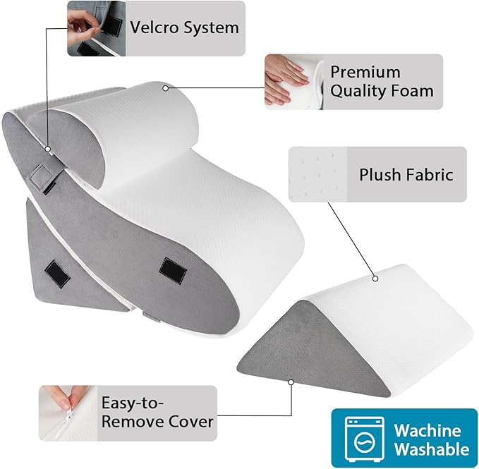 4pcs Wedge Pillow Headboard Set. Comfortable Sleep and Rest Relieves Back and Leg Pain, Aids in Acid and Gastro-Oesophageal Reflux Relief, Reduces Snoring - White