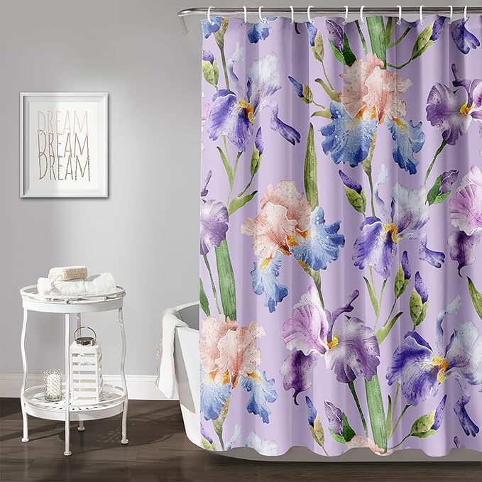 AILONEN Floral Shower Curtain, Pretty Purple Iris Pattern Shower Curtain Set for Girls Boys Teens Kids,Fantasy Vintage Flower Fabric Shower Curtains for Bathroom,48" W*72" H