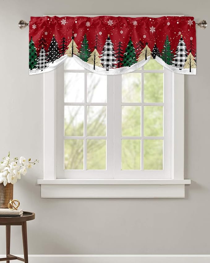 Red Merry Christmas Blackout Tie Up Valance Curtains for Kitchen Windows Green Christmas Tree Window Toppers Balloon Shades for Living Room/Bathroom/Bedroom,1 Panel, 60" X 18",White Snow Forest Winter