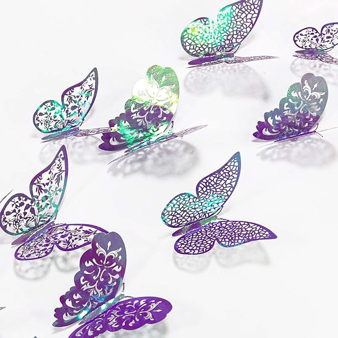 72Pcs 3D Butterfly Wall Decor 3 Sizes 3 Styles, Removable Butterfly Stickers Wall Decals, Butterfly Decorations Party Birthday Cake Decoration for Kids Nursery Wedding Bedroom Room(Purple)