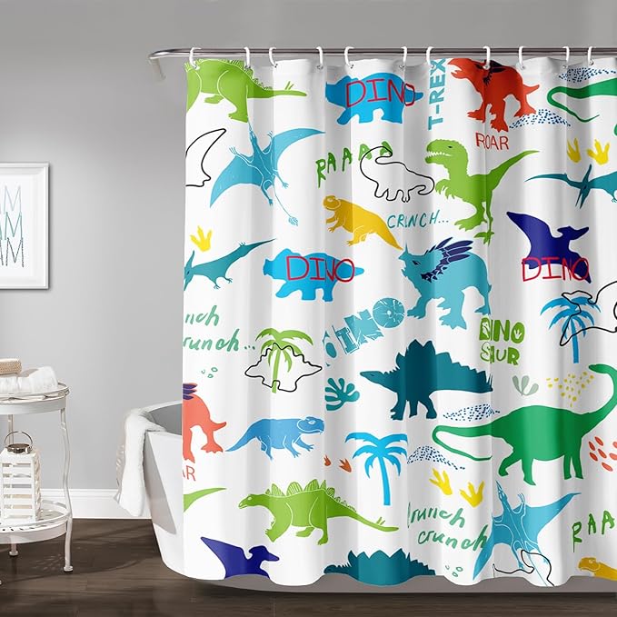 AILONEN Cartoon Dinosaur Shower Curtain for Kids Boys 72" W*96" H Inch,Colorful Dinosaur Pattern Shower Curtain,12 Pack Hooks Polyester Waterproof Fabric Decor for Bathroom