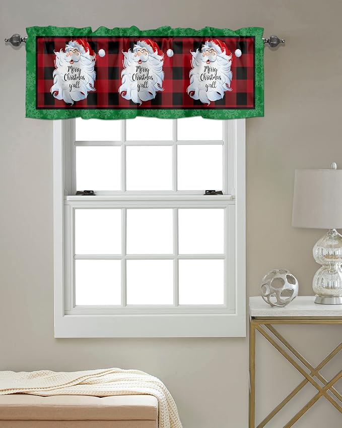 Merry Christmas Y'all Kitchen Curtains Valances for Windows XMAS Santa Claus Rod Pocket Window Treatment for Kitchen/Living Room/Bedroom/Bathroom,60" X 18" -1 Panel, Red Buffalo Plaid