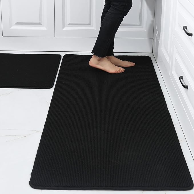 COSY HOMEER 20x30 Inch/20X48 Inch Kitchen Rug Mats Made of 100% Polypropylene Strip TPR Backing 2 Pieces Soft Kitchen Mat Specialized in Anti Slippery and Machine Washable,Black