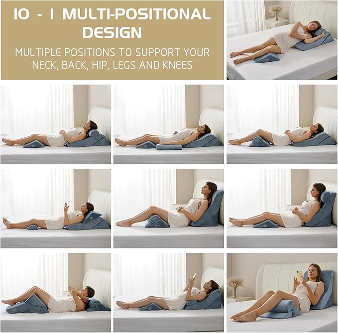 Qirroboni 4PCS Orthopedic Bed Wedge Pillow Set, Adjustable Pillows for Neck, Back and Leg Pain Relief Comfortable & Post Surgery Foam - Heartburn, Anti Snoring, Acid Reflux & GERD Sleeping Navy