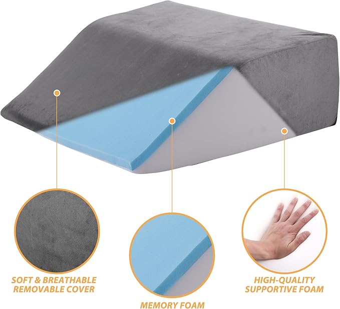 Leg Elevation Pillows, Leg Pillows for Sleeping, Cooling Gel Memory Foam Top, Wedge Pillow for Legs, Leg Wedges for Circulation, Swelling, After Surgery - Removable Cover (6 Inch, Grey)