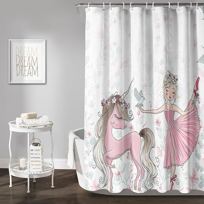 AILONEN Unicorn Shower Curtain, Cartoon Unicorn with Ballerina Girl Shower Curtain Set for Girls Teens Kids,Watercolor Pink Flowers Fabric Shower Curtain for Bathroom,72" W*72" H