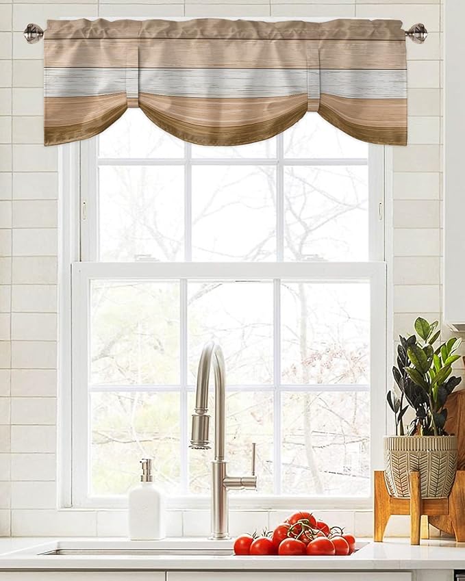 Farmhouse Summer Blackout Tie Up Valance Curtains for Kitchen Windows,Brown Beach Fall Window Toppers Balloon Shades for Living Room/Bathroom/Bedroom,1 Panel,42" X 18" Rustic Barn Wood Texture