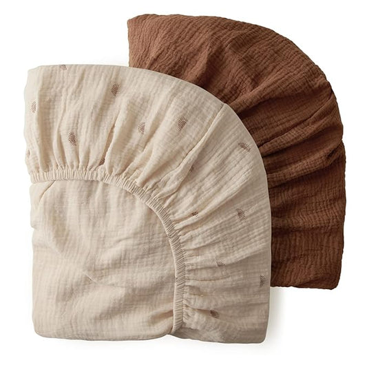 Blissful Diary Muslin Mini Crib Sheets, Pack and Play Mattress Sheets Fitted for Pack N Play, Soft Cotton for Boys Girls, 2 Pack(Sunshine&Brown)