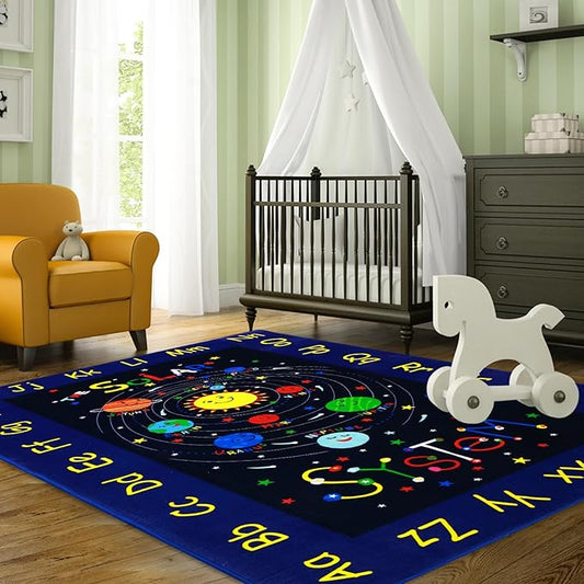 Kids Rug 3x5 Rug Solar System Pattern Nursery Rug Baby Soft Area Rug Non Shedding Carpet for Babyroom Play Room Non Slip Educational Rug Galaxy Outer Space Playmat, Blue|Solar System 3'x5'