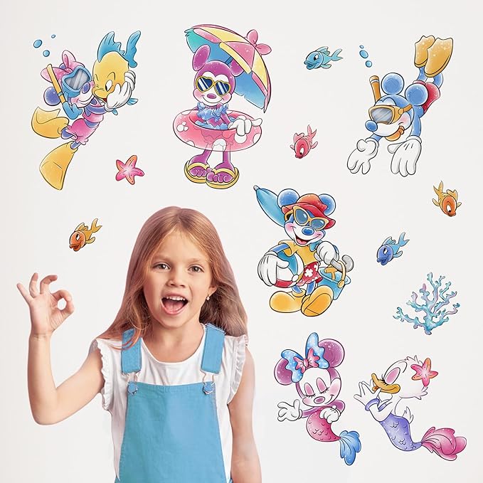 Mfault Summer Cartoon Mouse Wall Decal Stickers, Under The Sea Duck Mermaid Fish Coastal Ocean Nursery Decoration Bedroom Art, Beach Nautical Coral Neutral Toddler Kids Baby Room Decor