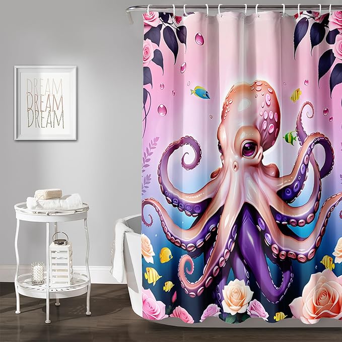 AILONEN Cartoon Pink Octopus Shower Curtain for Bathroom,Octopus Tentacles with Rose Bath Curtain for Kids,Girls,Ocean Animal Theme Waterproof Fabric Shower Curtain Set with Hooks,48" W*72" H