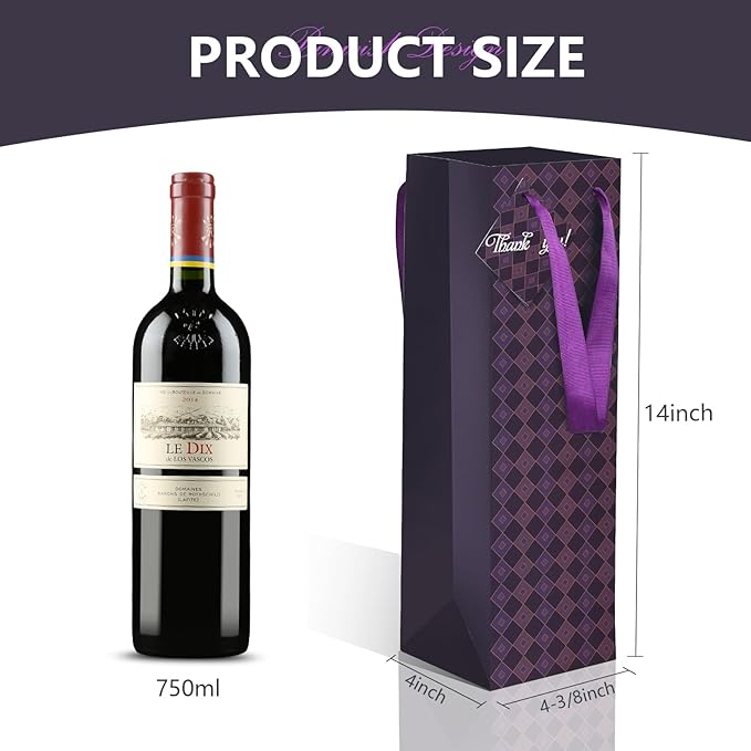 Wine Bags, 12 Packs, Strong Card Paper Wine Gift Bag with Ribbon Handles and Thank You Card, 4-3/8x 4 x 14 Fit 750ml Wine Bottle or Champagnes - Purple 12