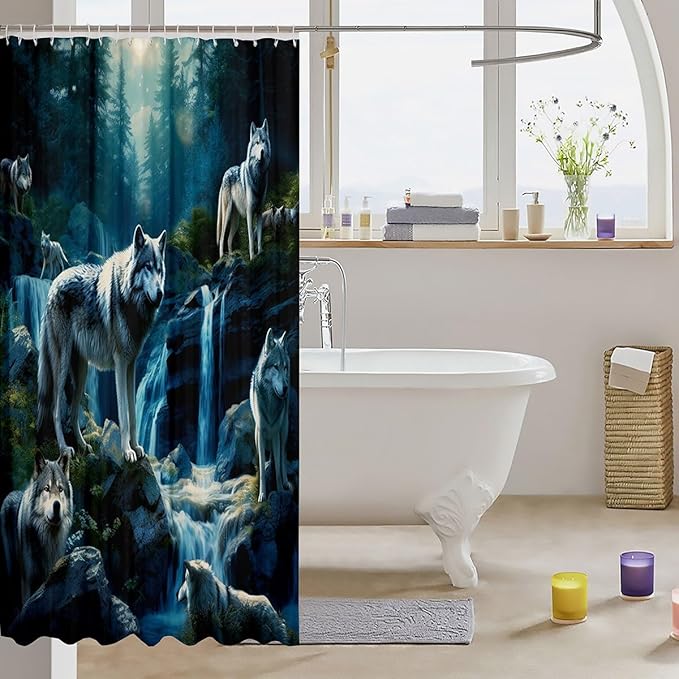 Feelyou Wolf Bath Curtain Wolves Howling Shower Curtain for Kids Silent woles Bathroom Shower Curtain Set Animal Wolves Kids Bathroom Accessories 72"x72"