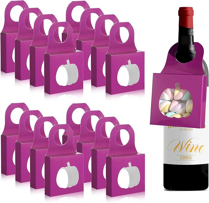 Megitzuu 30PCS Wine Bottle Box with Window, Kraft Paper Wine Boxes for Halloween Gifts Hanging Pumpkin Treat Box Mini Charcuterie Boxes Wine Bottles Gift Bags Goodies Candy Box Party Favor (Purple)
