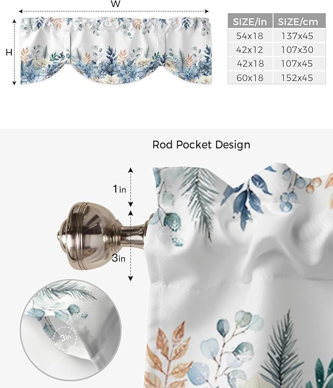 Blue Christmas Poinsettia Blackout Tie Up Valance Curtains for Kitchen Windows Winter Eucalyptus Leaves Window Toppers Balloon Shades for Living Room/Bathroom/Bedroom,1 Panel, 42" X 18",