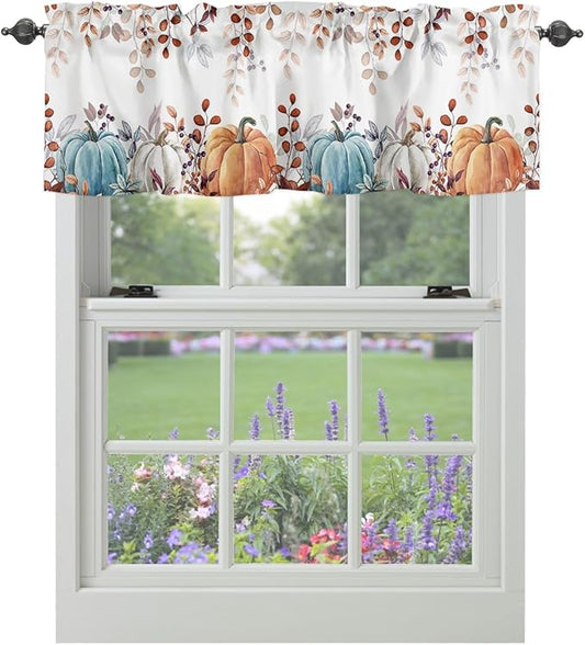 Fall Thanksgiving Kitchen Curtains Valances for Windows Watercolor Autumn Pumpkins Eucalyptus Leaves Rod Pocket Window Treatment for Kitchen /Living Room/Bedroom/ Bathroom,42" X 12", Blue Orange