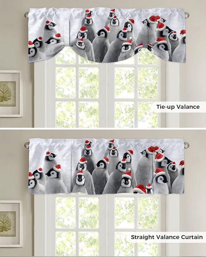 Funny Penguin with Christmas Hat Blackout Tie Up Valance Curtains for Kitchen Windows Winter Holidays Window Toppers Balloon Shades for Living Room/Bathroom/Bedroom,1 Panel,42" X 18"