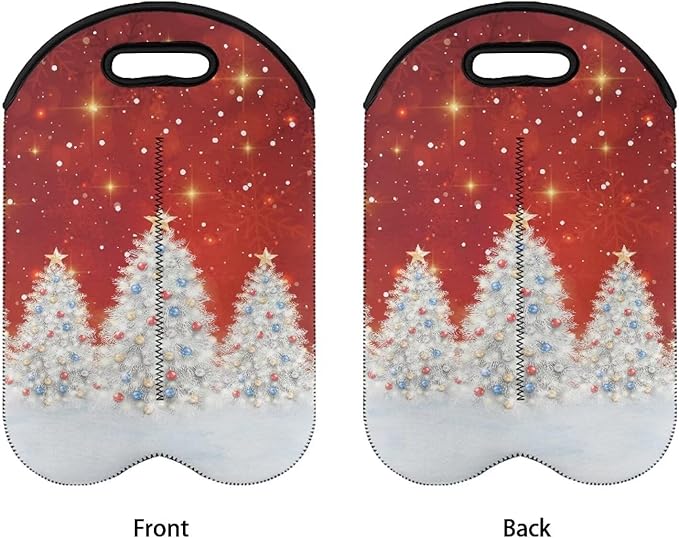 doginthehole 2 Bottle Wine Carrier Neoprene Wine Bottle Tote Red Silvery Xmas Tree Print Bottle Holder for Travel Picnic Portable Wine Champagne Bottles Bag for Christmas Party