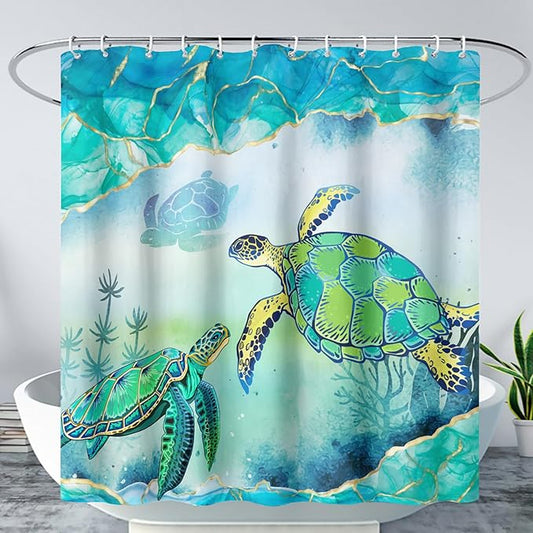 AILONEN Green Sea Turtle Shower Curtain,Cartoon Turtle and Water Plant Shower Curtain Set for Bathroom,Marble Theme Waterproof Fabric Shower Curtain with Hooks,72" W*84" H